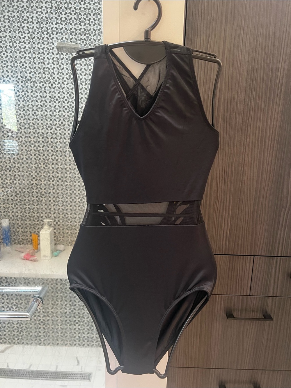Black Mesh-Insert Girls' One-Piece Dance Bodysuit